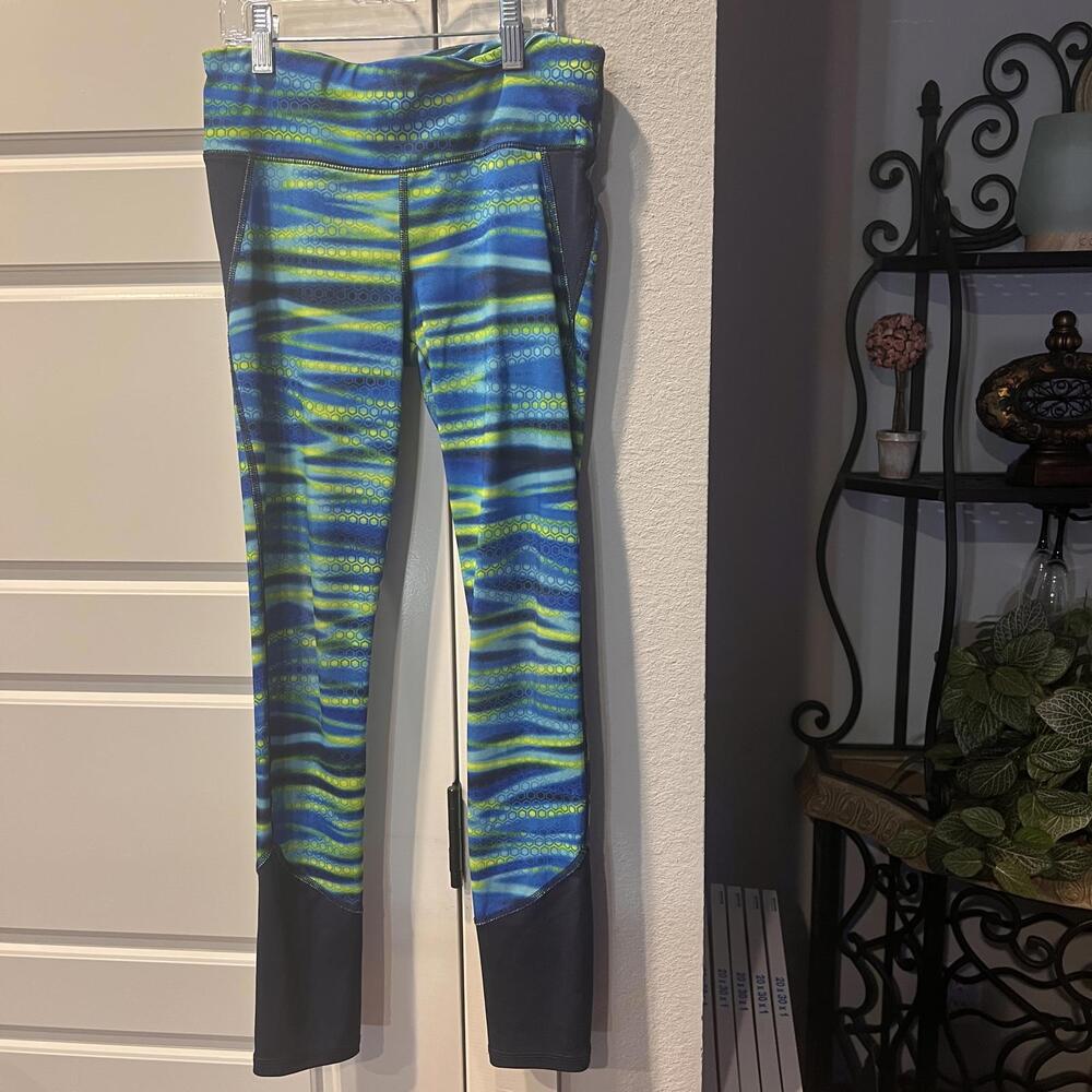 Women's Blue and Green Patterned Leggings with Black Accents